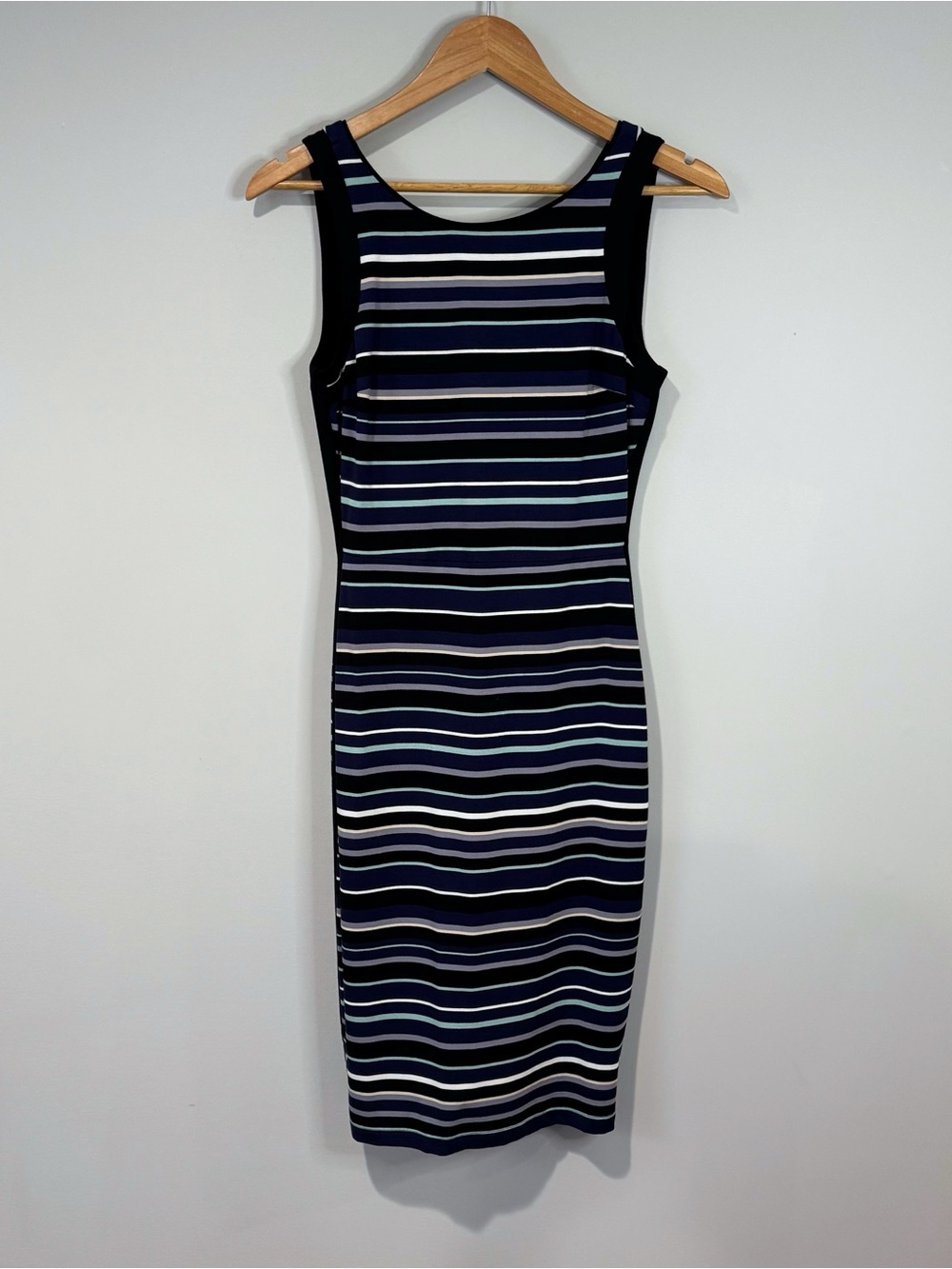 WHBM Navy White Stripe Sheath Dress Stretch Knit Coastal Nautical Career Size 2